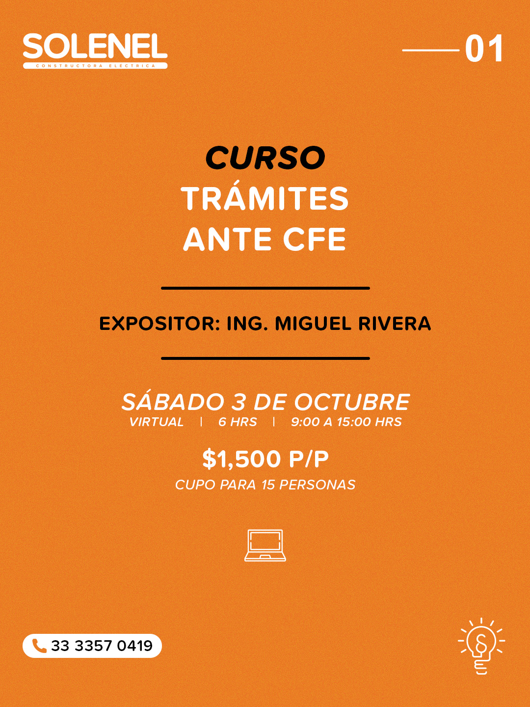 Cartel del curso virtual de Trámites ante CFE del 3 de octubre de 2026